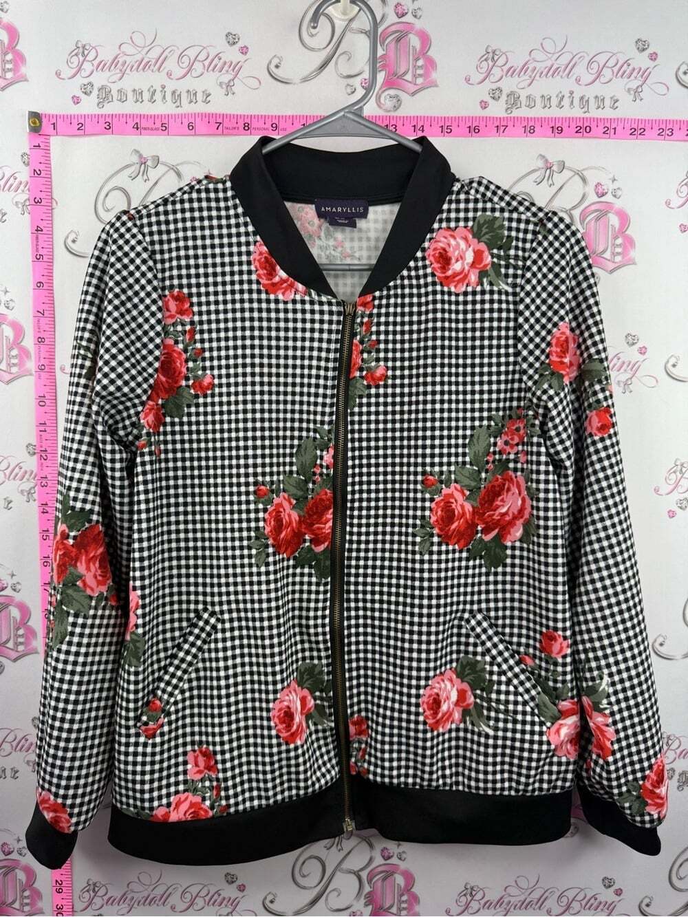 Amaryllis sweater Black-and-White Gingham Bomber Jacket with Red Floral Print